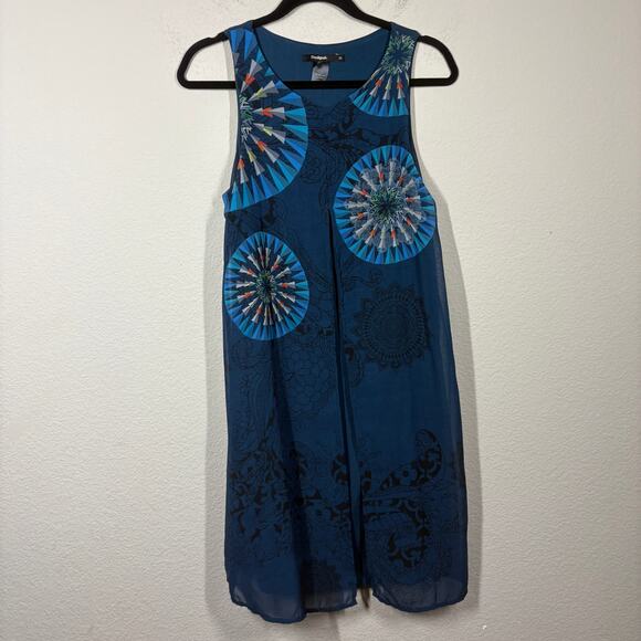 Desigual 38/6 US/Small Chiffon Layered Shift Dress Blue Silky Slit Sleeveless - Picture 3 of 8